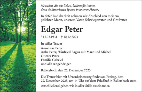 Traueranzeige von Edgar Peter von Dill Block