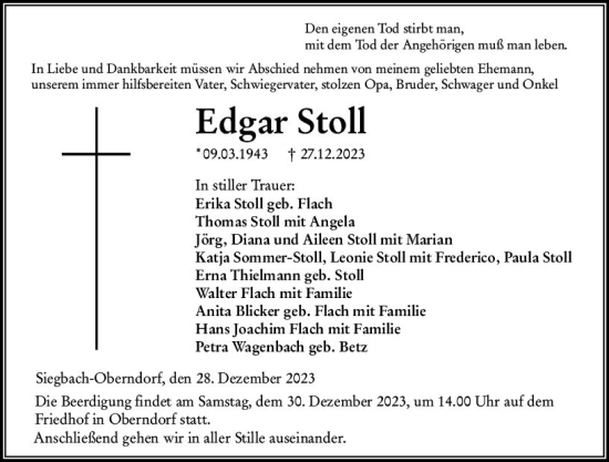 Traueranzeige von Edgar Stoll von Dill Block