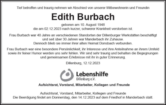 Traueranzeige von Edith Burbach von Dill Block