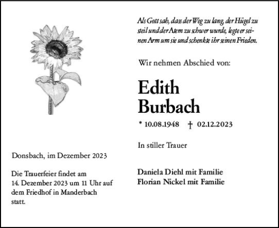Traueranzeige von Edith Burbach von Dill Block