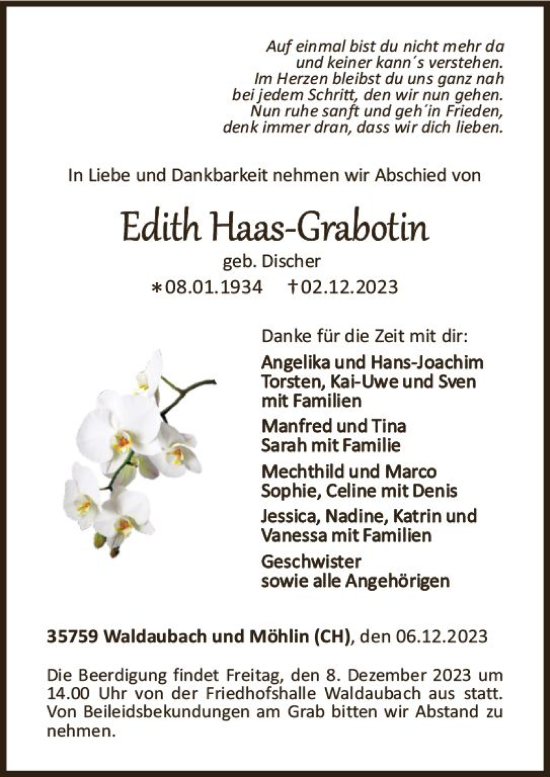 Traueranzeige von Edith Haas-Grabotin von Dill Block