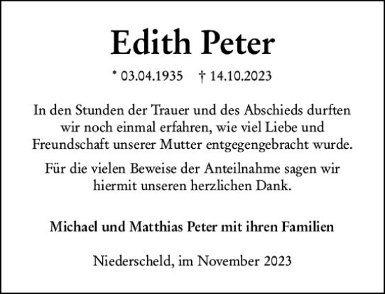 Traueranzeige von Edith Peter von Dill Block