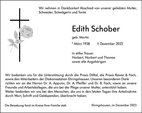 Traueranzeige von Edith Schober von Wetzlarer Neue Zeitung