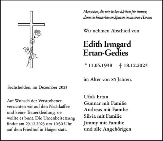 Traueranzeige von Edith Irmgard Ertan-Gedies von Dill Block