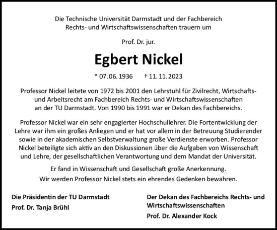 Traueranzeige von Egbert Nickel von Darmstädter Echo