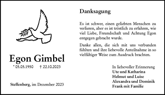 Traueranzeige von Egon Gimbel von Hinterländer Anzeiger