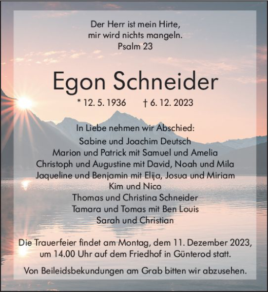 Traueranzeige von Egon Schneider von Hinterländer Anzeiger
