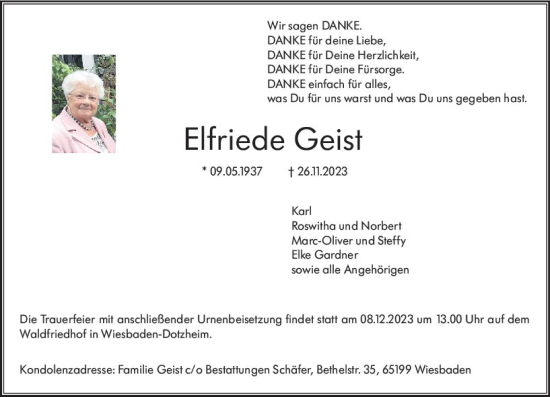 Traueranzeige von Elfriede Geist von Wiesbadener Kurier