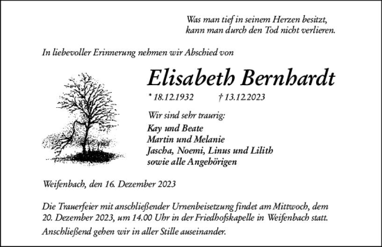 Traueranzeige von Elisabeth Bernhardt von Hinterländer Anzeiger