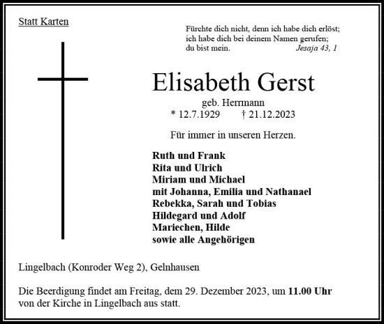 Traueranzeige von Elisabeth Gerst von VRM Trauer
