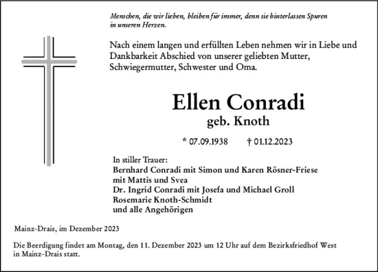 Traueranzeige von Ellen Conradi von Allgemeine Zeitung Mainz Traueranzeige von Ellen Conradi von Allgemeine Zeitung Mainz