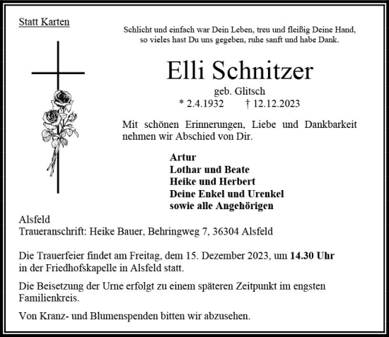 Traueranzeige von Elli Schnitzer von VRM Trauer