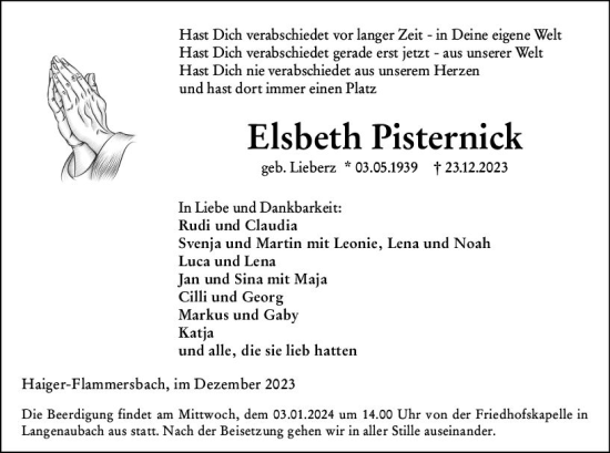 Traueranzeige von Elsbeth Pisternick von Dill Block