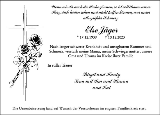 Traueranzeige von Else Jäger von Weilburger Tageblatt