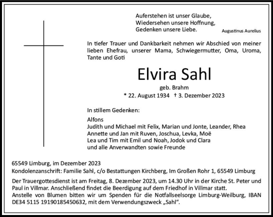 Traueranzeige von Elvira Sahl von Nassauische Neue Presse