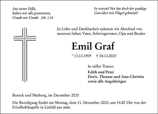 Traueranzeige von Emil Graf von Hinterländer Anzeiger