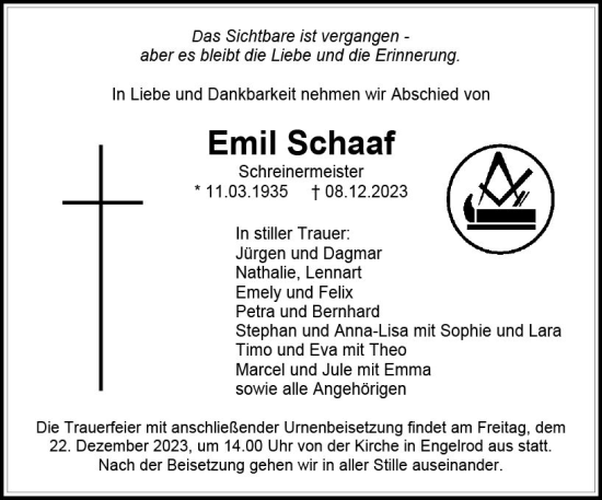 Traueranzeige von Emil Schaaf von VRM Trauer