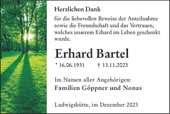 Traueranzeige von Erhard Bartel von Hinterländer Anzeiger