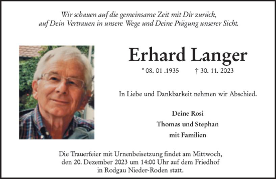 Traueranzeige von Erhard Langer von Odenwälder Echo