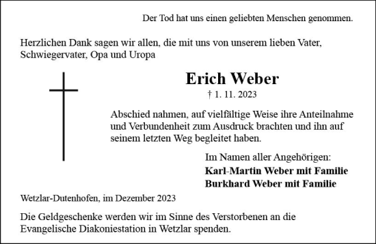 Traueranzeige von Erich Weber von Wetzlarer Neue Zeitung