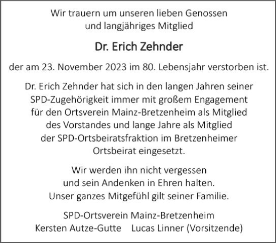 Traueranzeige von Erich Zehnder von Allgemeine Zeitung Mainz