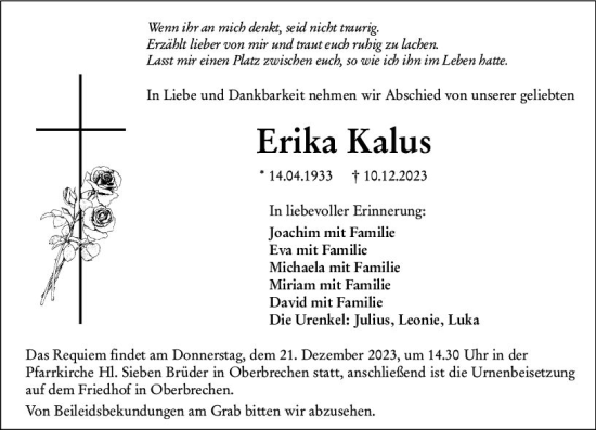 Traueranzeige von Erika Kalus von Camberger Anzeiger