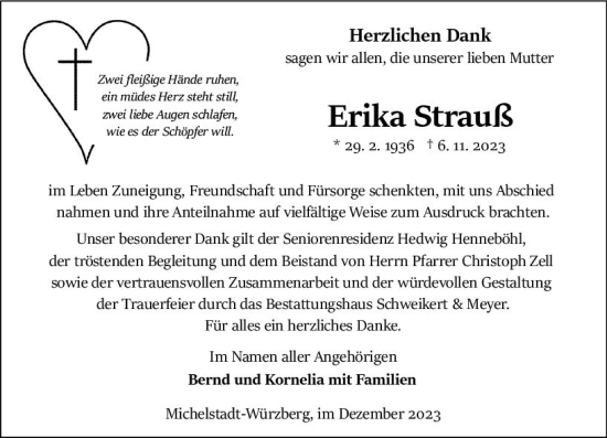 Traueranzeige von Erika Strauß von Odenwälder Echo