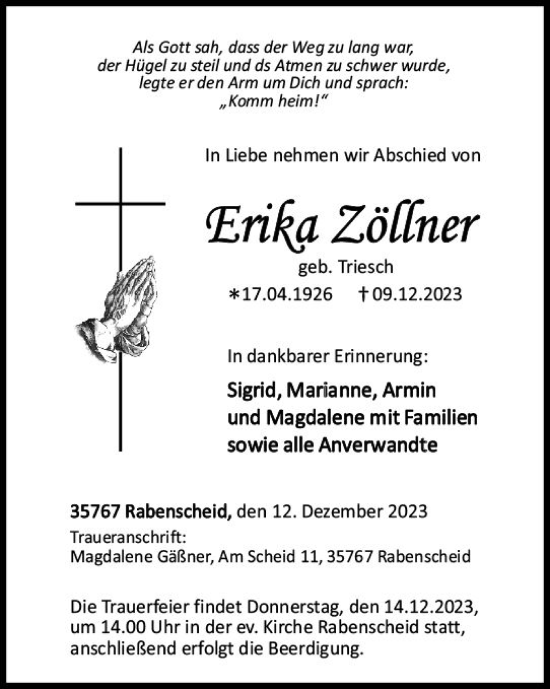 Traueranzeige von Erika Zöllner von Dill Block