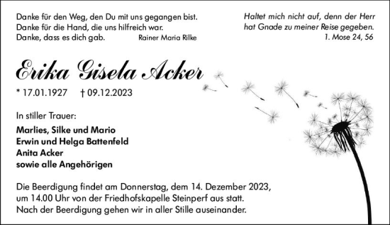 Traueranzeige von Erika Gisela Acker von Hinterländer Anzeiger