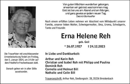 Traueranzeige von Erna Helene Reh von Hinterländer Anzeiger