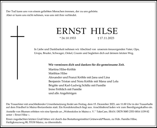 Traueranzeige von Ernst Hilse von Allgemeine Zeitung Mainz