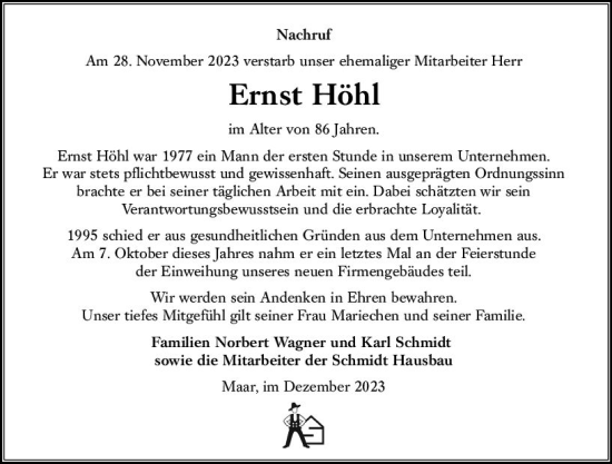 Traueranzeige von Ernst Höhl von VRM Trauer