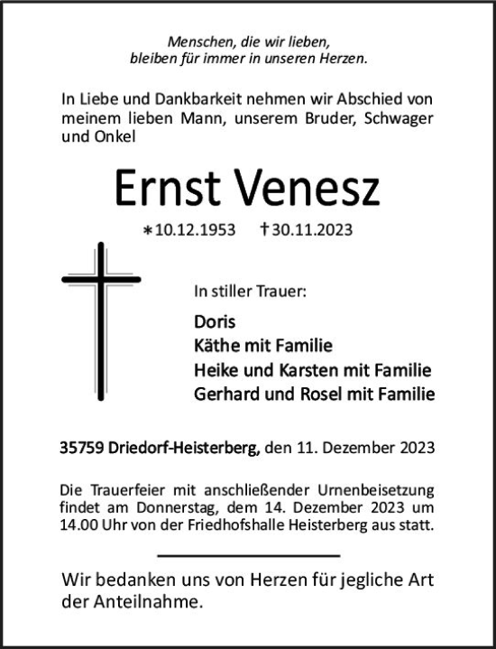 Traueranzeige von Ernst Venesz von Dill Block