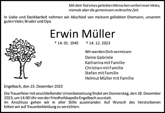 Traueranzeige von Erwin Müller von Hinterländer Anzeiger