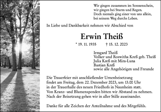 Traueranzeige von Erwin Theiß von Wetzlarer Neue Zeitung