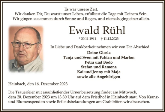 Traueranzeige von Ewald Rühl von VRM Trauer