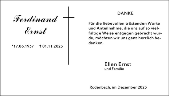 Traueranzeige von Ferdinand Ernst von Dill Block