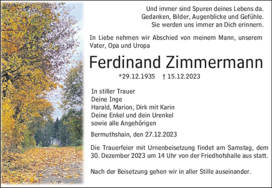 Traueranzeige von Ferdinand Zimmermann von VRM Trauer