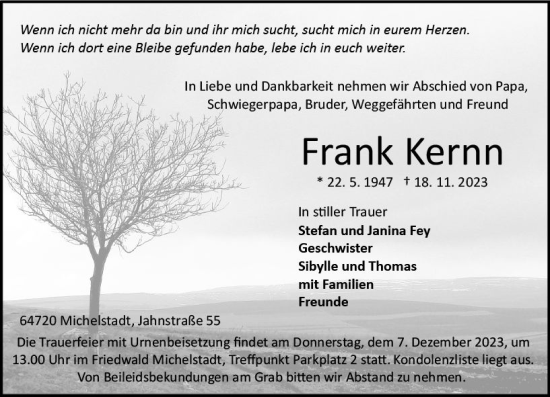 Traueranzeige von Frank Kernn von Darmstädter Echo