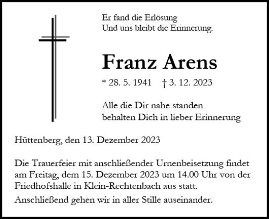 Traueranzeige von Franz Arens von Wetzlarer Neue Zeitung