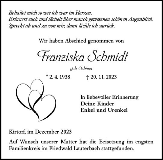 Traueranzeige von Franziska Schmidt von Oberhessen Kurier