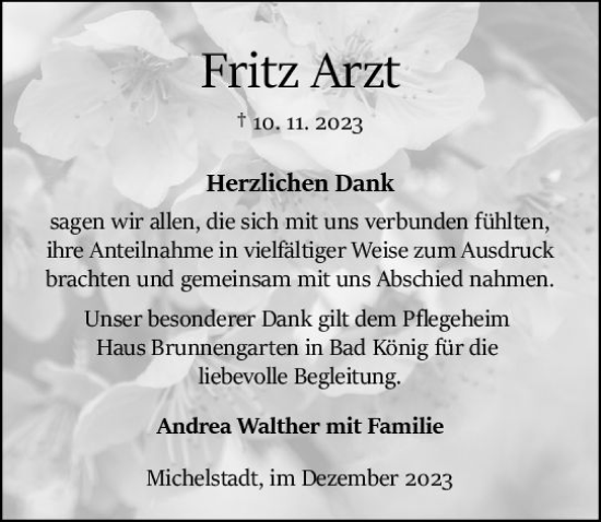 Traueranzeige von Fritz Arzt von Odenwälder Echo