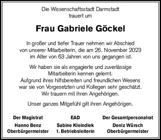 Traueranzeige von Gabriele Göckel von Darmstädter Echo