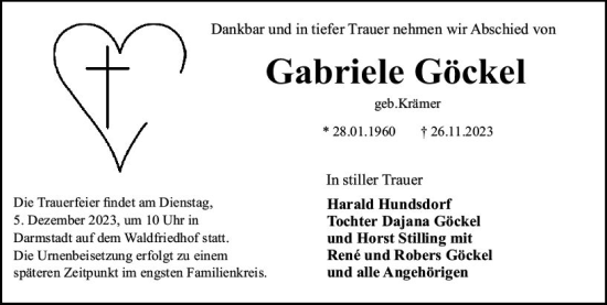 Traueranzeige von Gabriele Göckel von Darmstädter Echo