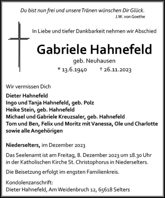 Traueranzeige von Gabriele Hahnefeld von Camberger Anzeiger