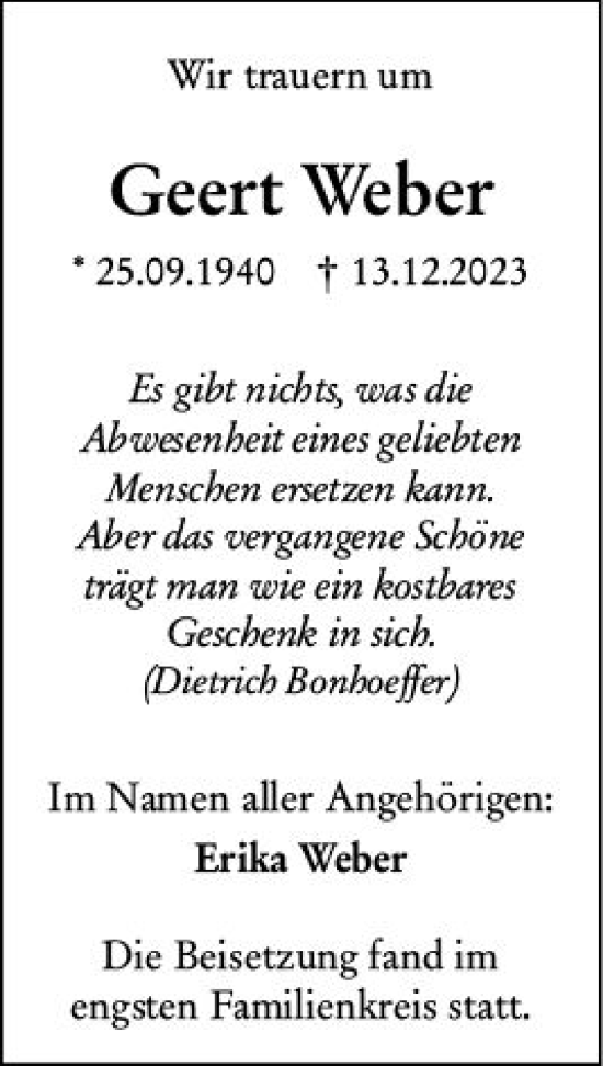 Traueranzeige von Geert Weber von Hinterländer Anzeiger