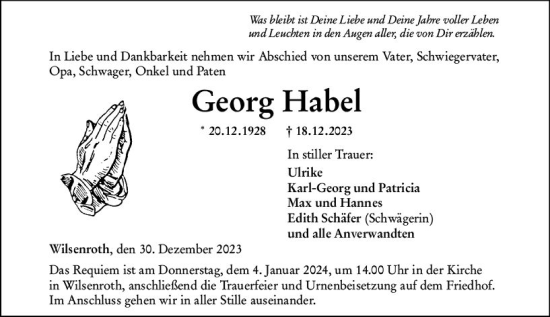 Traueranzeige von Georg Habel von Nassauische Neue Presse