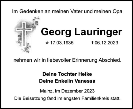 Traueranzeige von Georg Lauringer von Allgemeine Zeitung Mainz Traueranzeige von Georg Lauringer von Allgemeine Zeitung Mainz