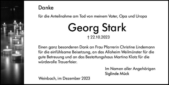 Traueranzeige von Georg Stark von Weilburger Tageblatt