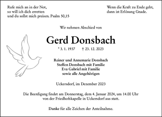 Traueranzeige von Gerd Donsbach von Dill Block